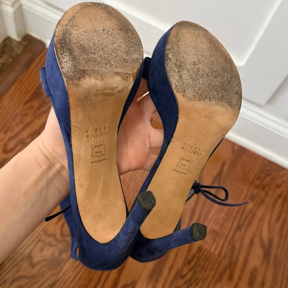 Stuart Weitzman Blue Suede Platform Heels 7.5 Made in Spain Lace-Up Stiletto